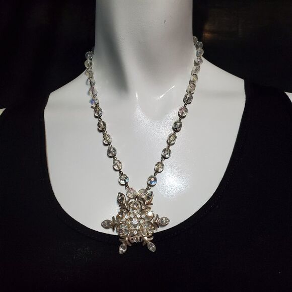 Silver Tone & Clear Bead Snowflake Necklace - Picture 2 of 5